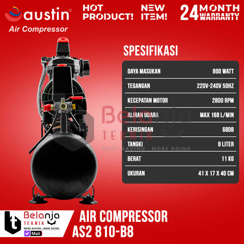 Mesin Kompresor Udara Tanpa Oli Austin AS2 810-B8 Air Compressor Oilless 8 L