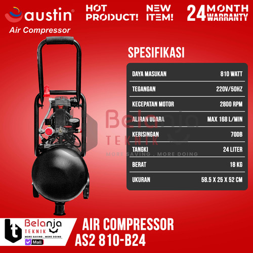 Mesin Kompresor Udara Tanpa Oli Austin AS2 810-B24 Air Compressor Oilless 24 L