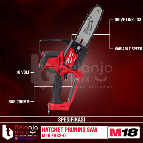 Milwaukee Cordless Hatchet Pruning Saw 20 CM M18 FHS2-0 Mesin Pemotong Dahan Ranting Kayu Baterai 18V Unit Only