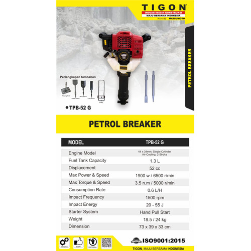 Mesin Bobok Beton Tembok Aspal 2 Tak Tigon TPB52 Jack Hammer Petrol Breaker Tigon TPB-52G