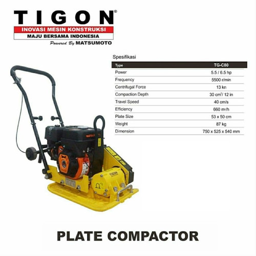 Tigon Plate Compactor TG C80 Mesin Stamper Kodok Pemadat Aspla TGC80 + Mesin Penggerak Engine Robot GX 200 6.5 HP