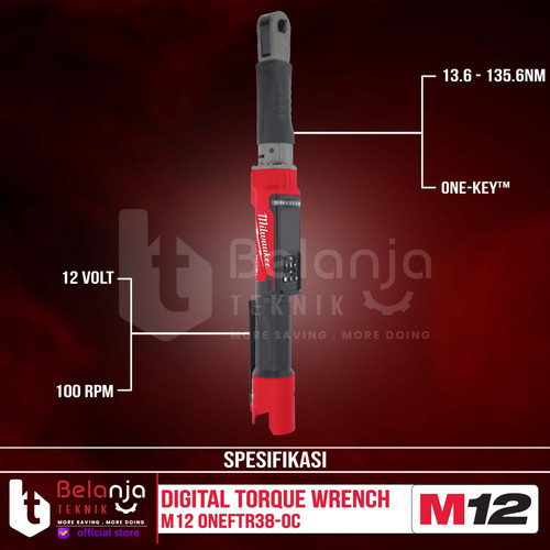 Milwaukee Cordless Digital Torque Wrench M12 ONEFTR38-0C Kunci Torsi Momen Baterai 3/8 Inch 12V Unit Only