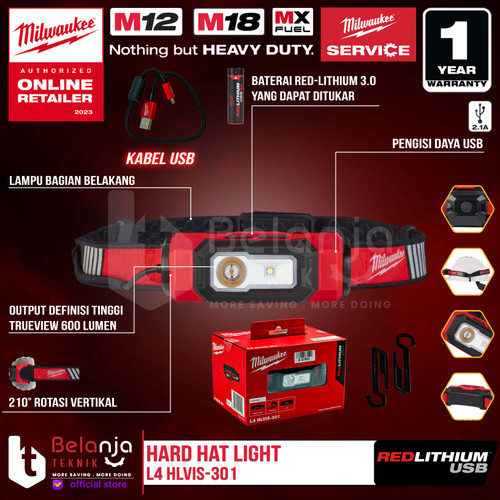Milwaukee USB Rechargeable LED Head Lamp L4 HLVIS-301 4V 3 AH Senter Lampu Kepala 400 Lumen