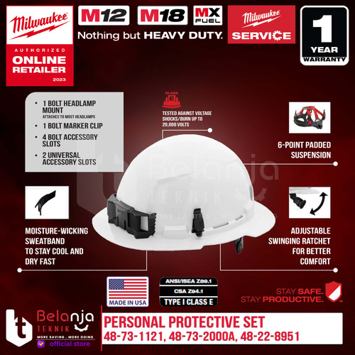 Milwaukee Helm Safety Personal Protective Set Paket + Sarung Tangan Anti Potong Cut Level 5 Dipped Gloves + Kacamata Clear Glasses Helem ANSI CSA