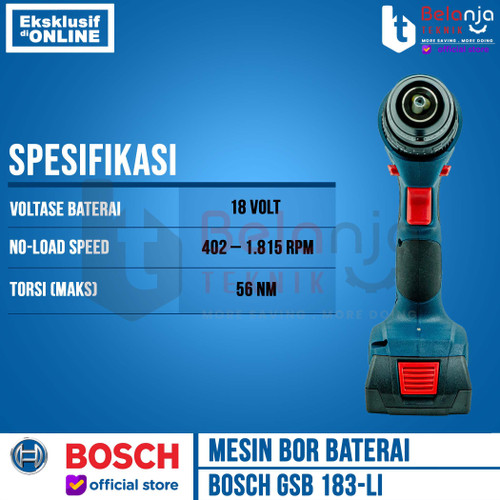 Bosch Mesin Bor Tembok Baterai GSB 183-LI 18V Cordless Impact Drill 18 Volt 2 Baterai