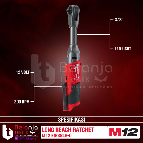 Milwaukee Long Reach Ratchet M12 FIR38LR-0 Kunci Sock Sok Rachet 3/8 Inch 12V Unit Only
