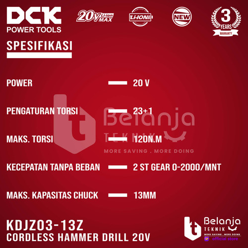 DCK Cordless Hammer Drill KDJZ03-13Z 20V Bor Impact Baterai Unit Only