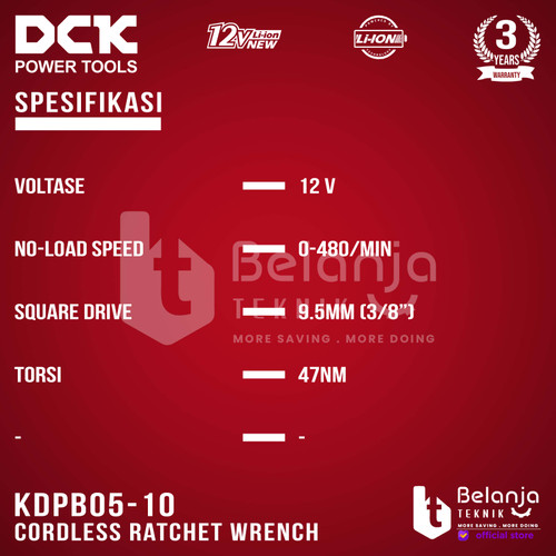 DCK Ratchet Cordless KDPB05-10Z Rachet Sock Wrench 12V Socket Sok 3/8 Unit Only
