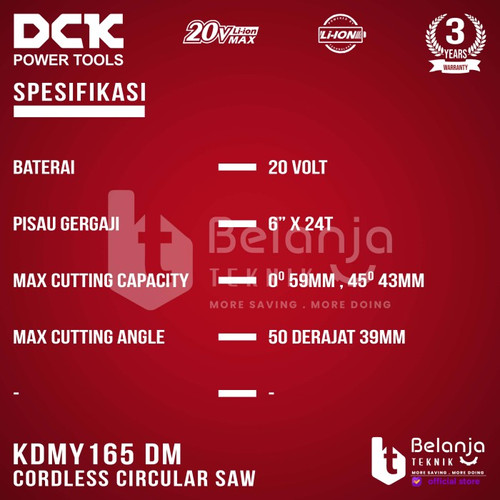 DCK Mesin Potong Kayu Baterai KDMY165EM Circular Saw Cordless 6 Inch Sirkel Kayu KDMY 165 EM KDMY165 6" in 2 battery