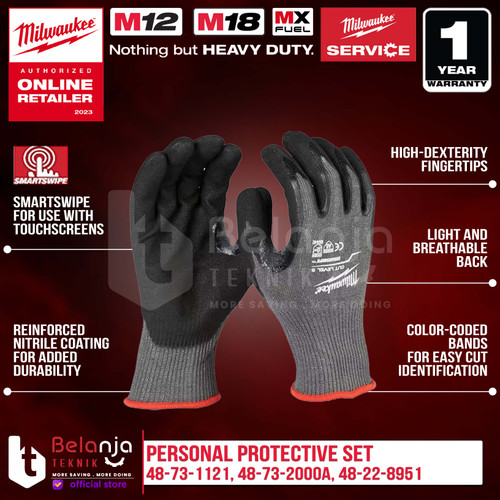 Milwaukee Helm Safety Personal Protective Set Paket + Sarung Tangan Anti Potong Cut Level 5 Dipped Gloves + Kacamata Clear Glasses Helem ANSI CSA
