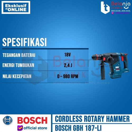 Bosch Rotary Hammer Cordless GBH 187-Li Mesin Bor Charger Baterai 4 Ah