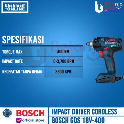Bosch Mesin Impact Wrench Cordless GDS 18V-400 Charger Baterai X2 18V