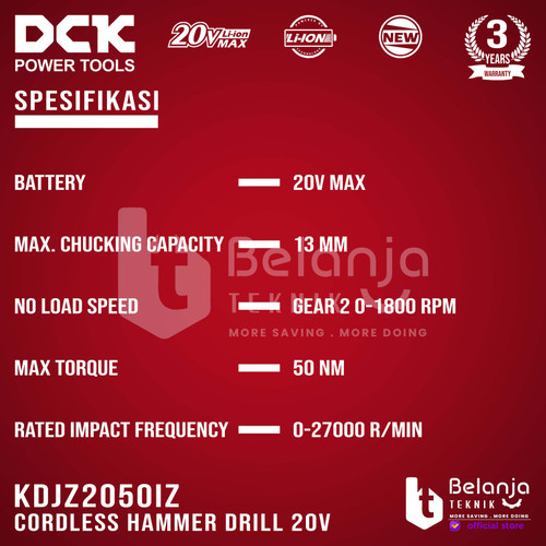 DCK Cordless Hammer Drill KDJZ2050iZ 20V Bor Impact Baterai Unit Only