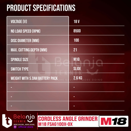 Milwaukee Angle Grinder M18 FSAG100X-0X Gerinda Baterai 4 Inch 18 Volt