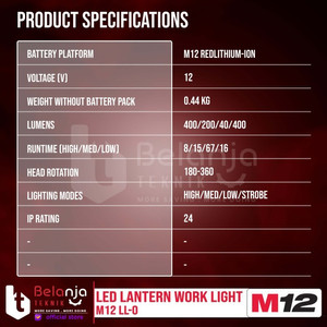 Milwaukee Led Lantern Work Light M12 LL-0 Lampu Kerja Set 12 Volt 4 AH