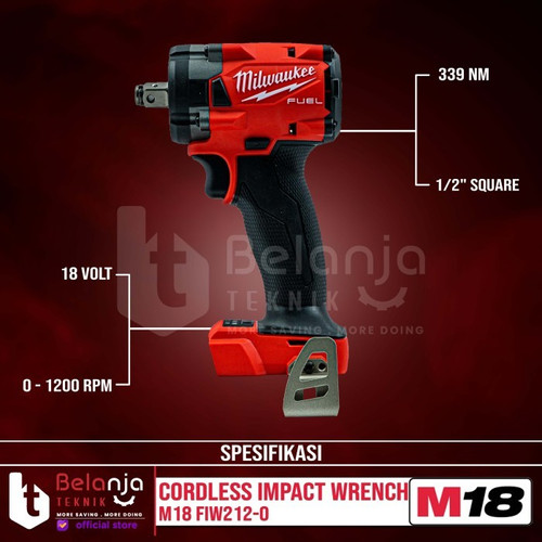 Milwaukee Impact Wrench Baterai M18 FIW212-0 1/2 Inch Set 18 V 8 Ah
