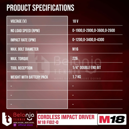 Milwaukee Impact Driver Baterai M18 FID2-0 Bor Obeng SET 18V 8 AH FID