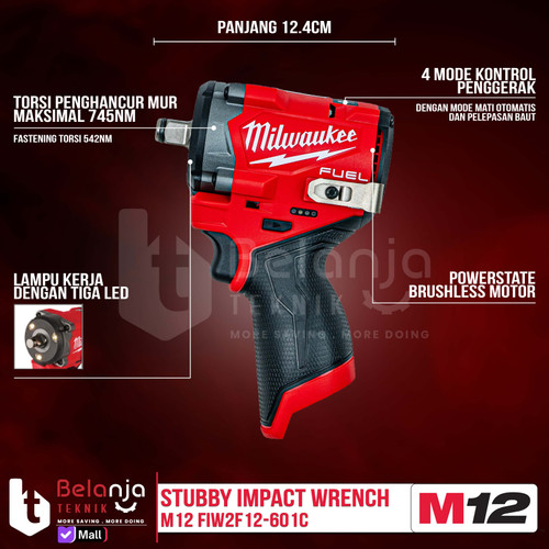 Mesin Stubby Impact Wrench Baterai Milwaukee M12 FIWF12-0C 1/2 Inch GEN 3 Mesin Buka Baut Set 12V 6 AH