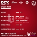 DCK Cordless Brushless Grinder KDSM03-100DM 4 Inch 20V Gerinda Baterai