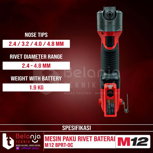 Milwaukee Mesin Paku Tembak Rivet Baterai M12 BPRT-0 Set 12 Volt 6 AH