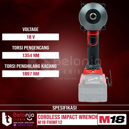 Milwaukee Impact Wrench Baterai M18 FHIWF12 Sock 1/2 Inch Set 18 V 8AH