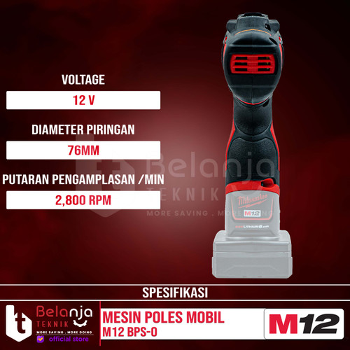 Milwaukee Polisher M12 BPS-0 Mesin Poles Mobil Baterai Set 12 V 2 AH