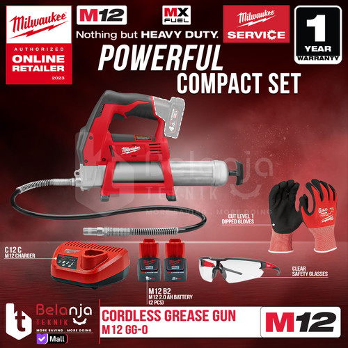 Milwaukee Grease Gun Cordless M12 GG-0 Pompa Gemuk Baterai Set 12V 2AH