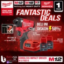 Milwaukee Impact Driver Baterai M12 FID2-0 1/4 Inch Hex 12 V Unit Only