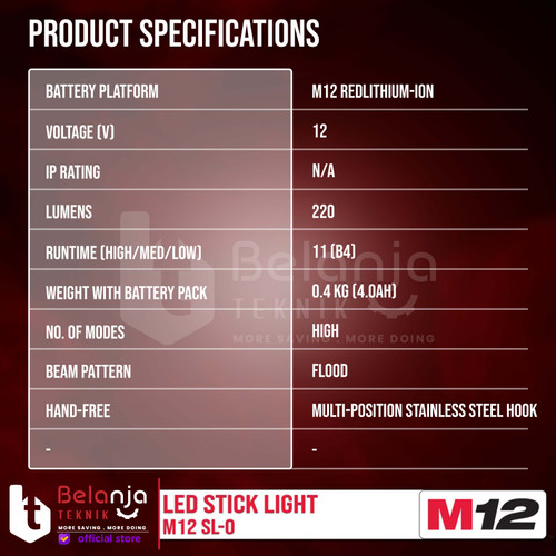Milwaukee Led Stick Light M12 SL-0 Lampu Kerja Portable 12 V Unit Only
