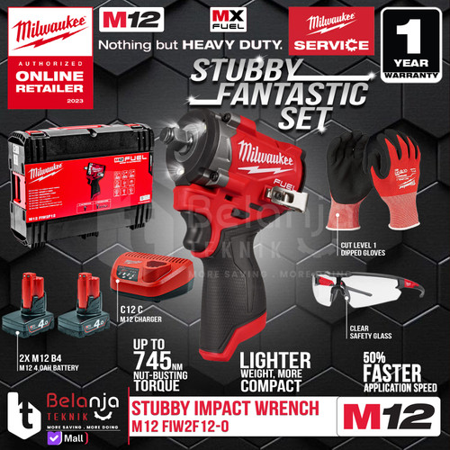 Mesin Stubby Impact Wrench Baterai Milwaukee M12 FIWF12-0C 1/2 Inch GEN 3 Mesin Buka Baut Set 12V 4 AH
