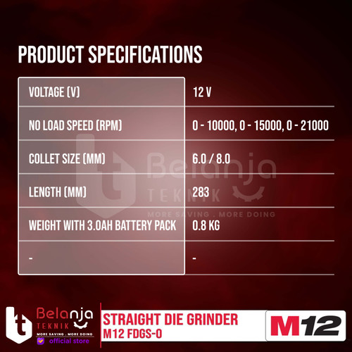 Milwaukee Gerinda Baterai M12 FDGS-0 Straight Die Grinder Set 12V 2 AH