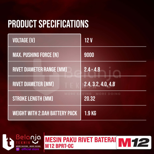 Milwaukee Mesin Paku Tembak Rivet Gun Baterai M12 BPRT-0 Set 12 V 4 AH
