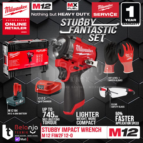 Mesin Stubby Impact Wrench Baterai Milwaukee M12 FIWF12-0C 1/2 Inch GEN 3 Mesin Buka Baut Set 12V 4 AH