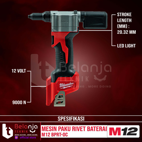 Milwaukee Mesin Paku Tembak Rivet Baterai M12 BPRT-0 12 Volt Unit Only