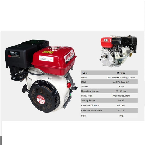 Tiger Mesin Penggerak Bensin Serbaguna GX 160 5.5 HP Engine Gasoline