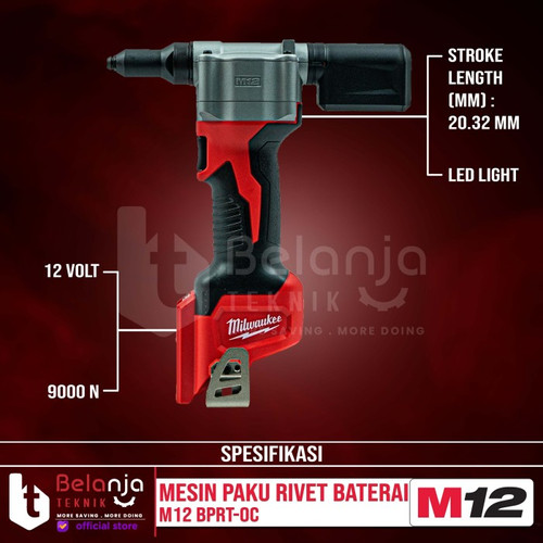 Milwaukee Mesin Paku Tembak Rivet Gun Baterai M12 BPRT-0 Set 12 V 4 AH