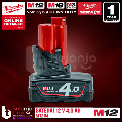 Milwaukee Battery M12 B4 Baterai 12 Volt 4 AH 12V M12B4 REDLithium Ion