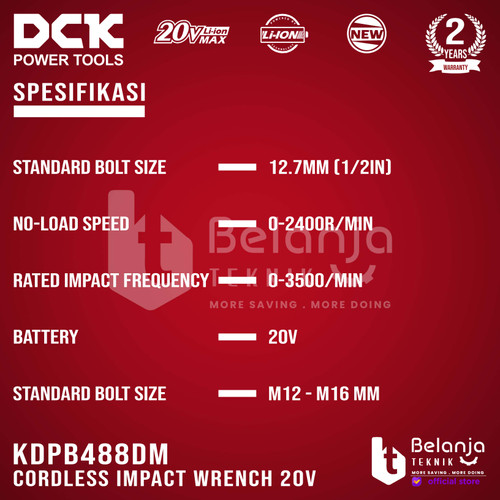 DCK Mesin Impact Baterai 1/2 In KDPB488 DM Impact Wrench Brushless 20V