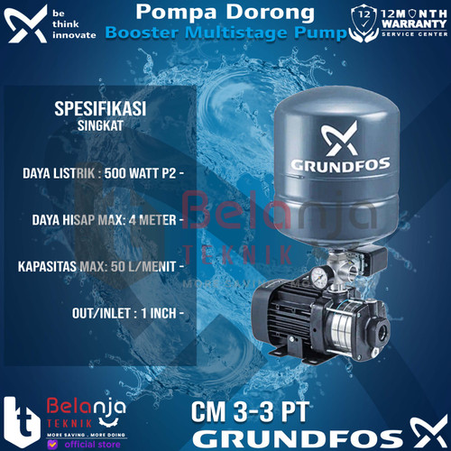 Grundfos Mesin Pompa Air Pendorong CM 3-3 PT Booster Multistage 20 M