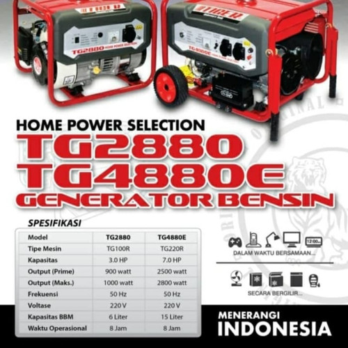 Tiger Generator Set Bensin TG8800E 5500 Watt Genset Recoil TG 8800