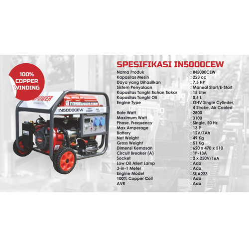 AIPower Genset IN5000CEW Generator Bensin 3000 Watt Manual Starter