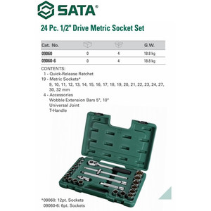 Sata Kunci Socket Set 24 PCS 09060-6 1/2 Inch DR 6PT Metric 9-32MM