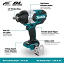 Makita Impact Wrench Cordless DTW1002Z Mesin Pumbuka Baut Baterai 18V