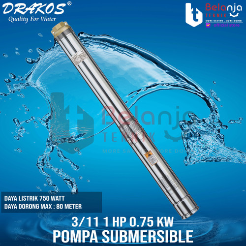 Drakos Submersible Pump 4 DFP - 3/11 1 HP 0.75 kw Pompa Satelit 1hp