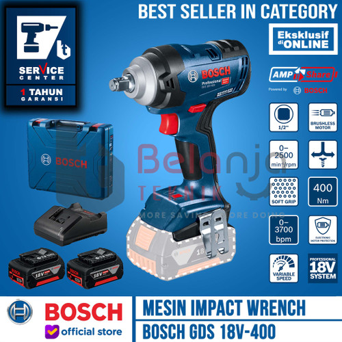 Bosch Mesin Impact Wrench Cordless GDS 18V-400 Charger Baterai 4 Ah