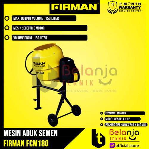 Firman Mesin Aduk Semen Molen 180 Liter FCM180 + Dinamo 1.1 HP FCM 180
