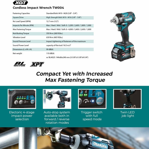 Makita Impact Wrench Cordless TW004GZ 40V Mesin Pembuka Baut Baterai