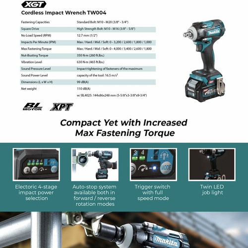 Makita Impact Wrench Baterai TW004 GD201 1/2 In Cordless Brushless 40V