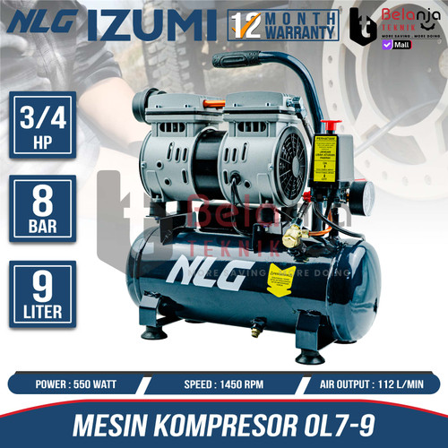 Izumi NLG Mesin Kompressor Angin Portable 3/4 HP 9 Liter Oilless Air Compressor 0.75 HP Tanpa Oli
