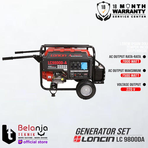 LONCIN Generator Set Bensin LC 9800 DA 7500 Watt 1 Phase Genset 9800DA